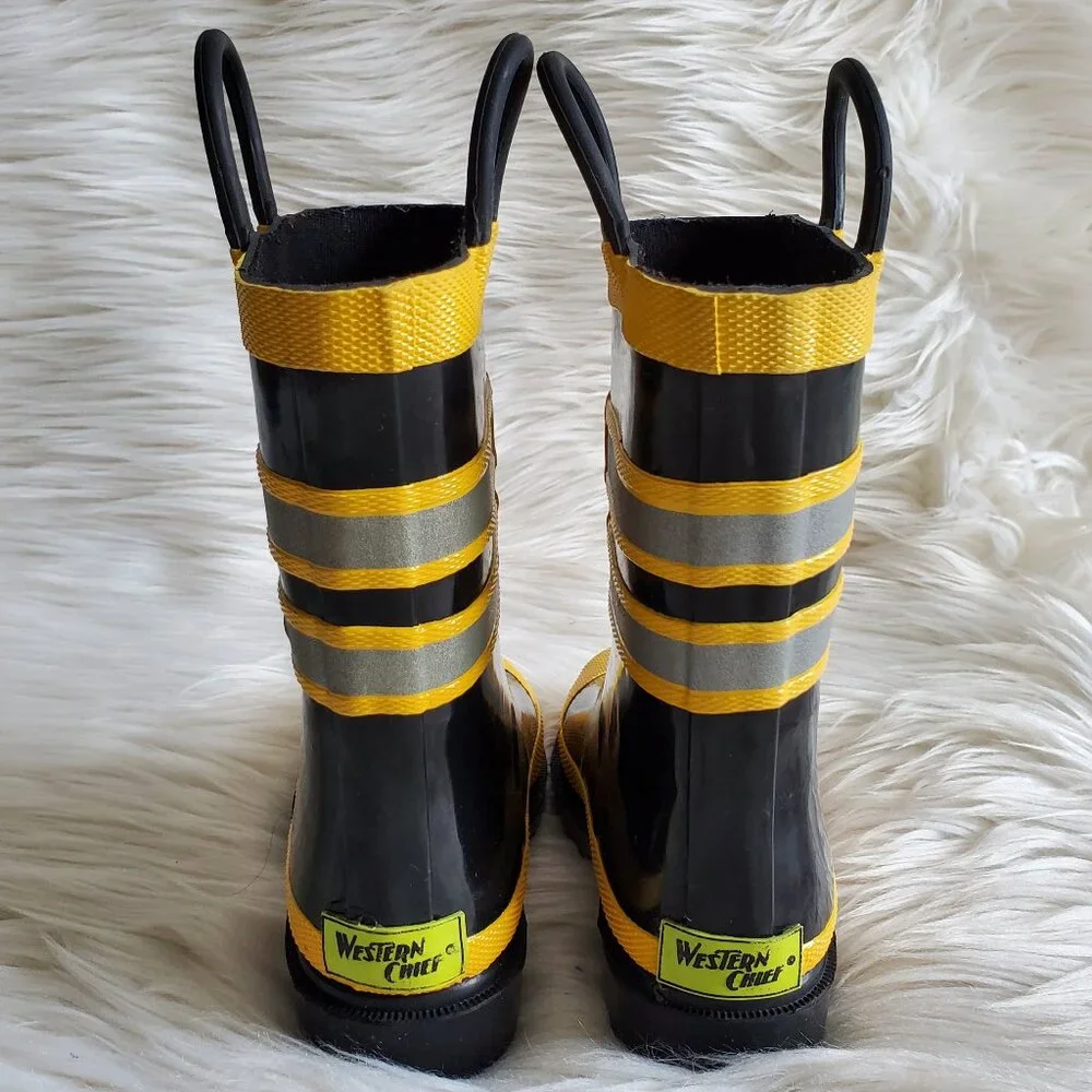 Western Chief Kids Black/Yellow Firefighter Waterproof Rain Boots SZ 8